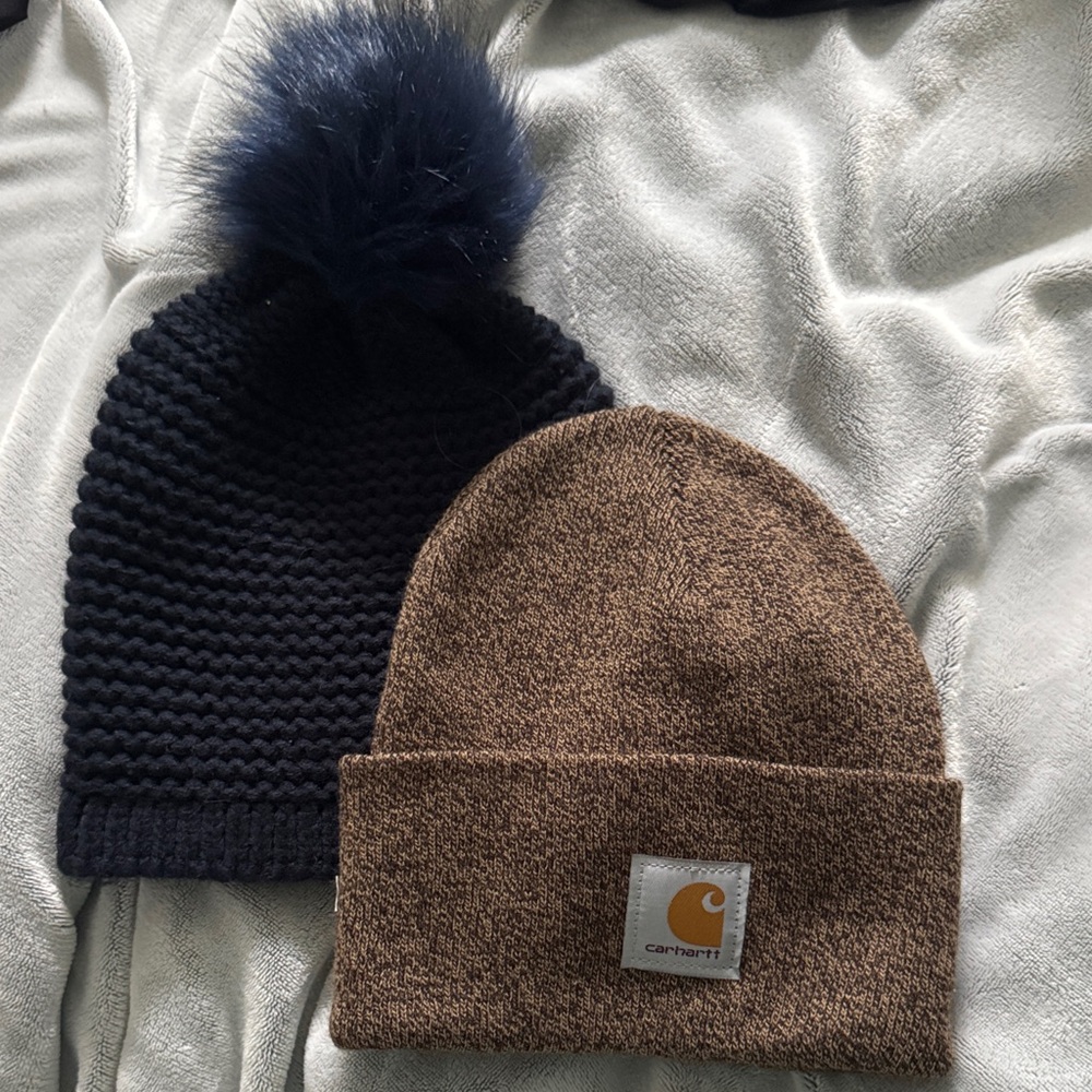 Carhartt Brown' Beanie and Navy Pom-Pom Beanie Set